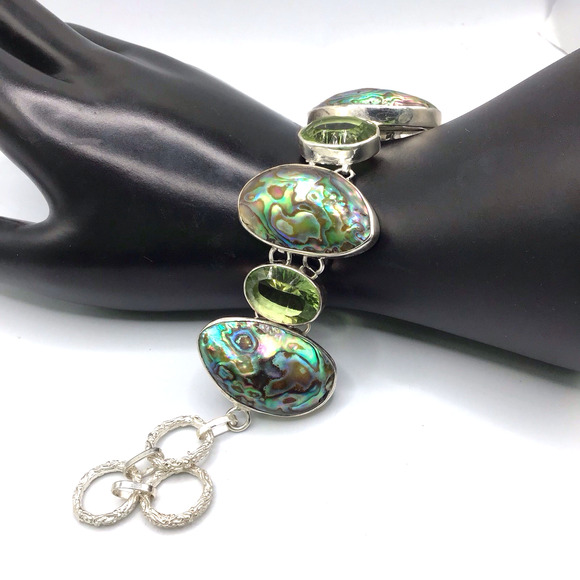 Sterling Silver Abalone Peridot Bracelet 925 Adjustable up to 8" - Picture 10 of 12